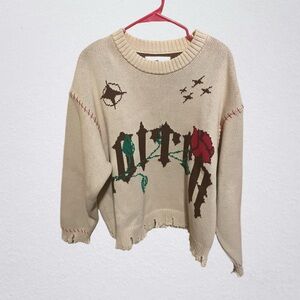 Beige Graphic Knit Sweater with Artistic Design